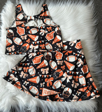 GSD2687 Baby Girls Team Orange Football Bows Vest Top Short Skirts Yoga Set 7.10