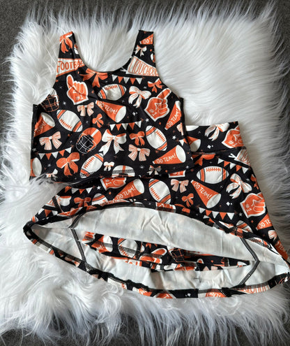 GSD2687 Baby Girls Team Orange Football Bows Vest Top Short Skirts Yoga Set 7.10