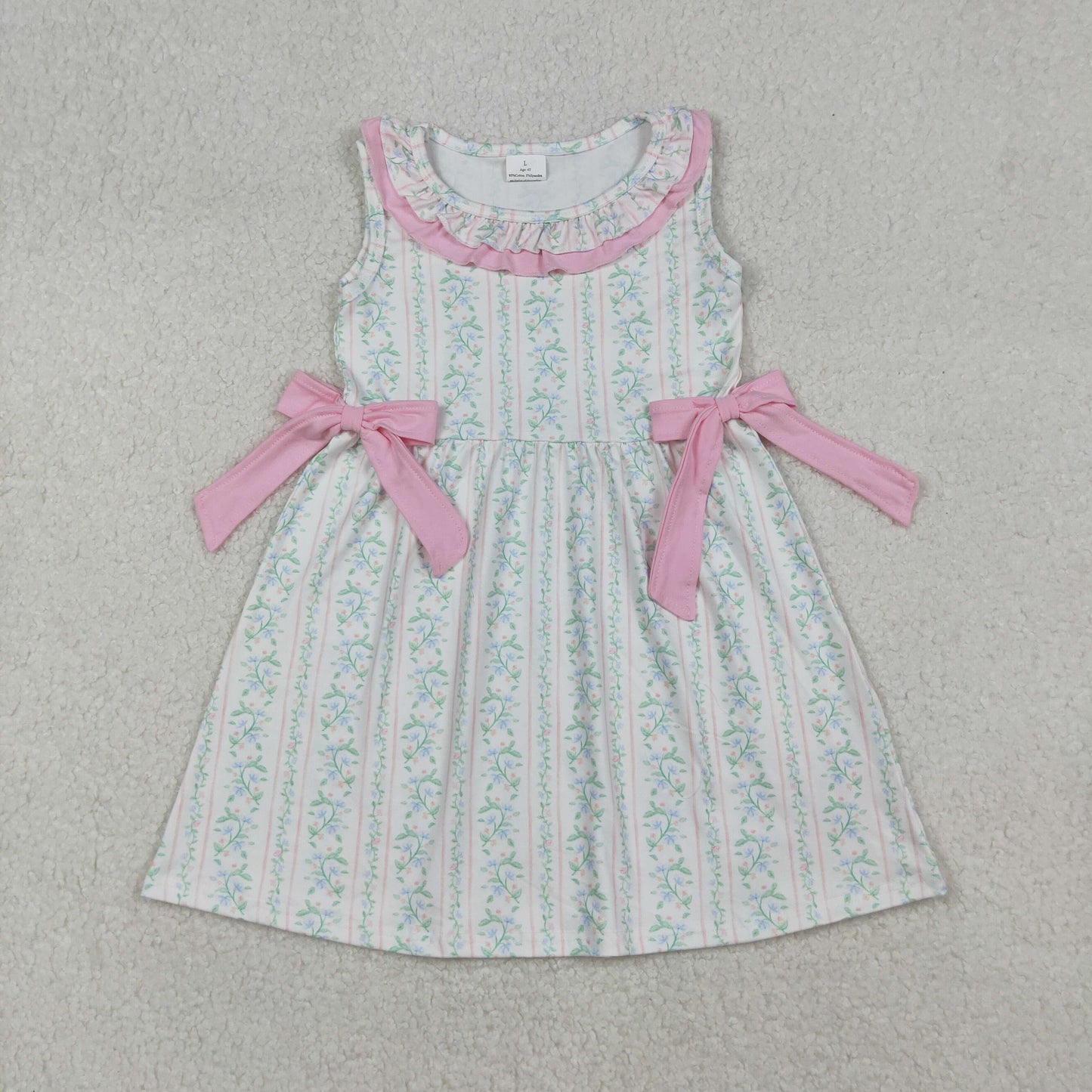 GSD2678 Baby Girls Sleeveless Pink Floral Stripe Bows Knee Length Dress C9.13