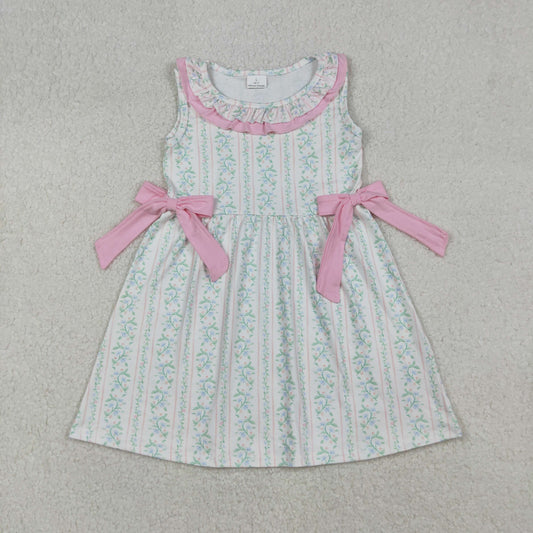 GSD2678 Baby Girls Sleeveless Pink Floral Stripe Bows Knee Length Dress C9.13