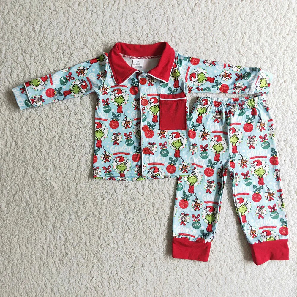 Sibling Baby Kids Green Faces Miss Button Top Pants Christmas Pajamas Sets C9.30