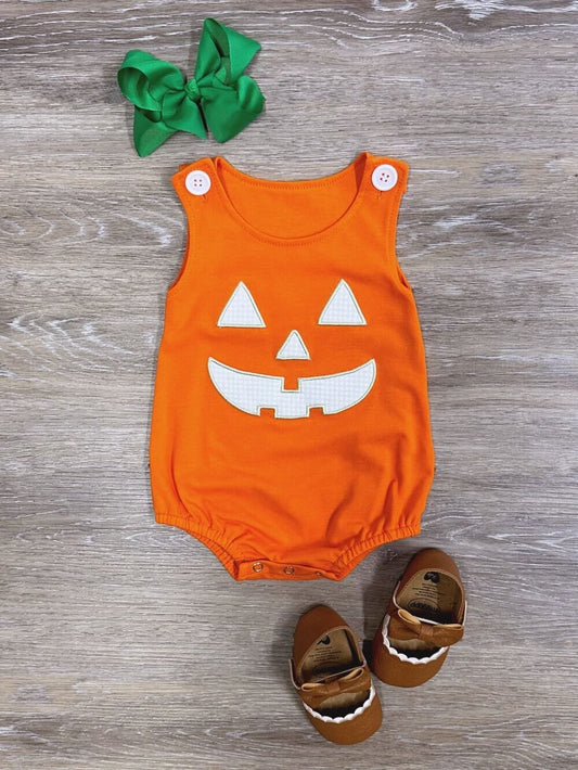 SR1937 Embroidery Baby Infant Boys Orange Halloween Face Sleeveless Romper
