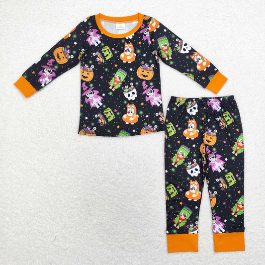 BLP0825 Cartoon dog Halloween Pumpkin Star Black orange long sleeve pants pajamas set