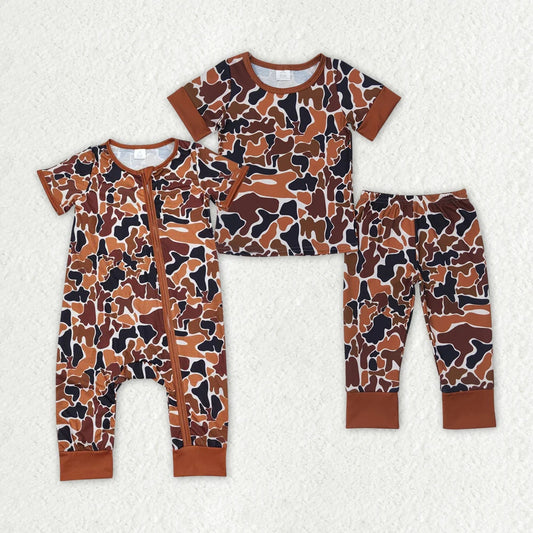 Baby Boys Brown Camo Bamboo Sibling Rompers Pajamas Clothes Sets