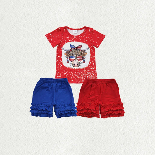 Sibling Baby Girls Western 4th Of July Cow Icing Shorts Clothes Sets 5.27