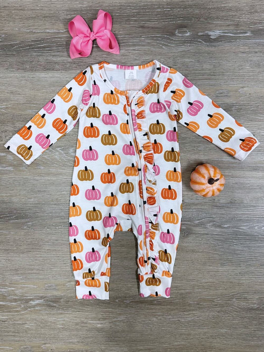 LR1219 Baby Girls Pink Orange Pumpkin Long Sleeve Bamboo Zip Romper