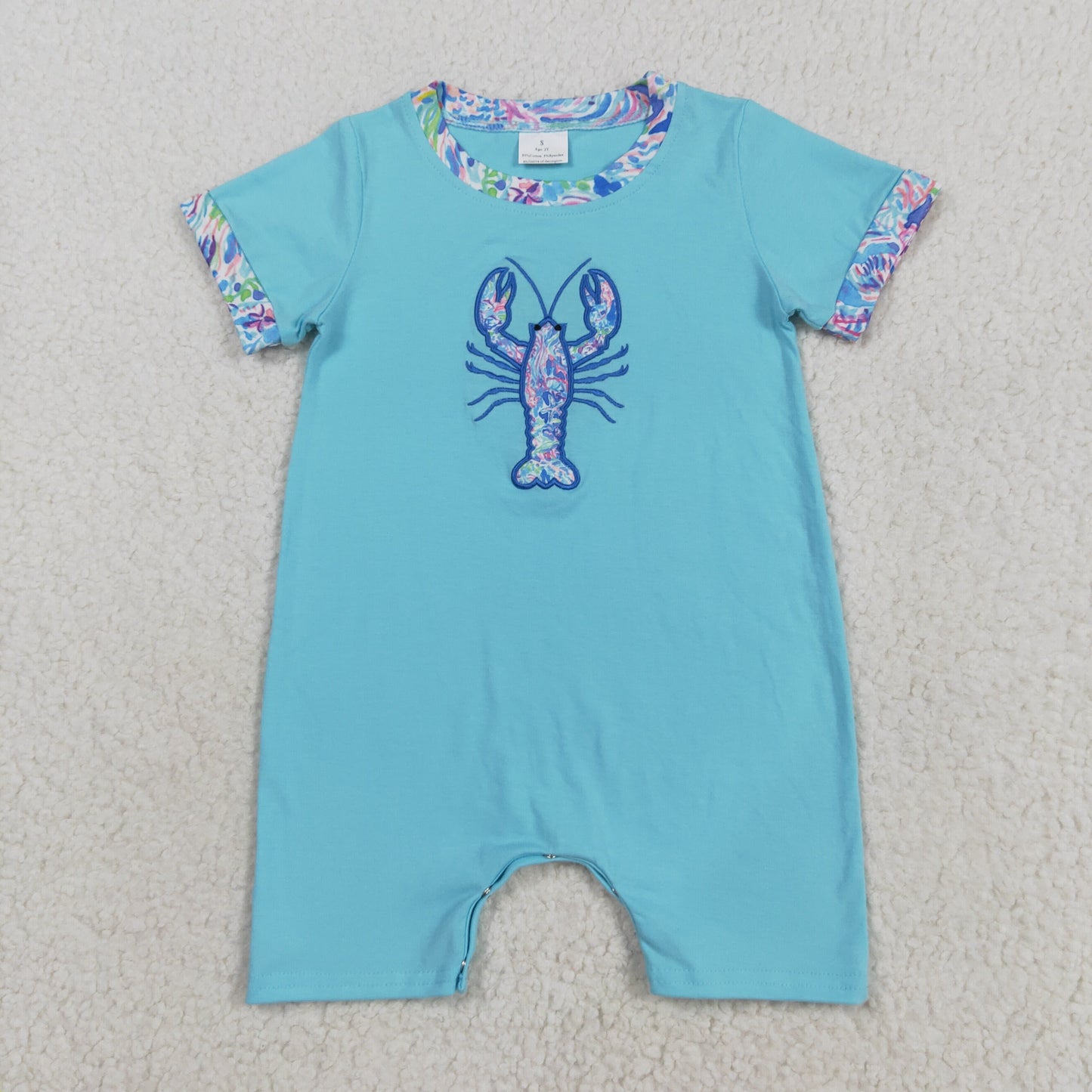 SR3044 Embroidery Baby Boys Blue Short Sleeves Floral Crayfish Romper 8.9