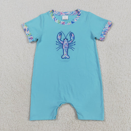 SR3044 Embroidery Baby Boys Blue Short Sleeves Floral Crayfish Romper 8.9