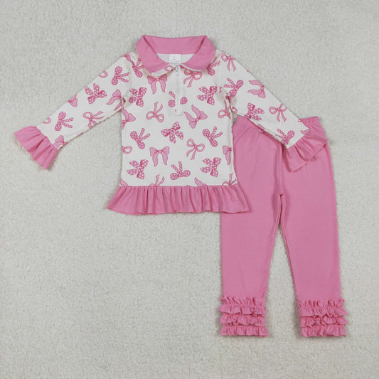 GLP2778 Baby Girls Pink Bows Zipper Pullover Ruffle Legging Pant Fall Clothes Set C9.23