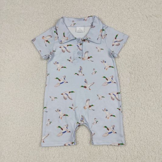 SR3032 Baby Boys Blue Short Sleeves Button Ducks Romper 6.5