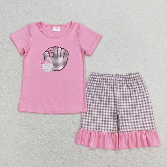 GSSO0828 Embroidered baseball glove pink short-sleeved plaid shorts suit