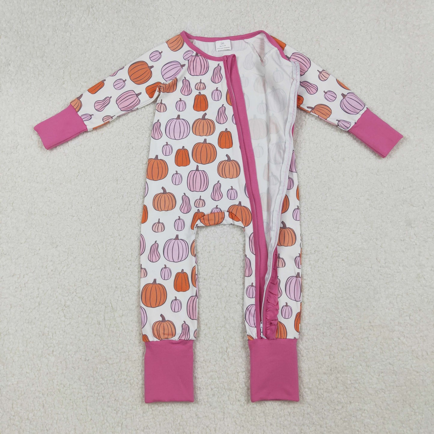 LR2566 Baby Girls Colorful Pumpkins Plaid Fall Ruffle Zipper Footie Romper C9.17