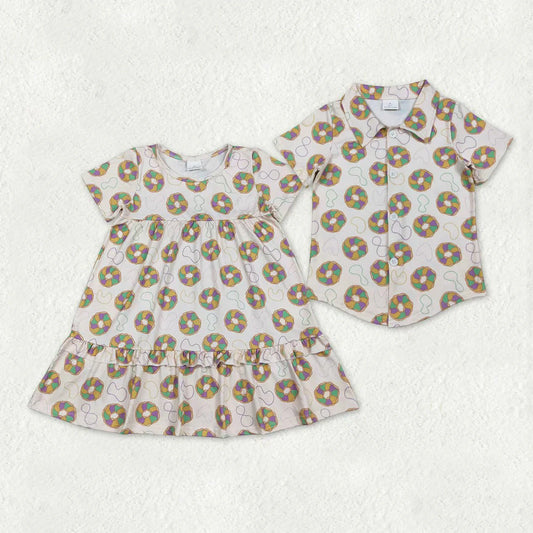 Sibling Baby Boys Girls Short Sleeve Mardigras Donuts Necklaces Knee Length Dress Button Shirts Top C11.10