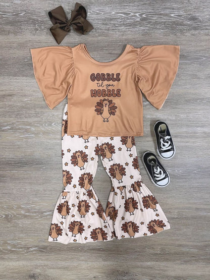 GSPO0702 Baby Girls Gobble Turkey Thanksgiving Bell Pants Clothes Set