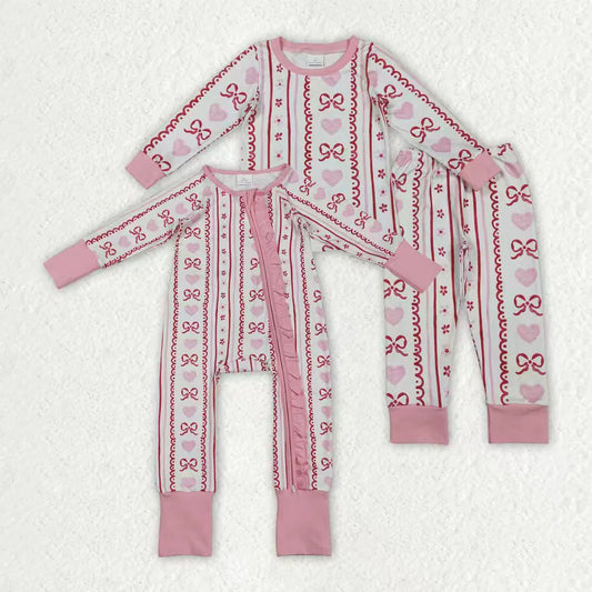 Sibling Baby Girls Pink Hearts Bows Stripes Valentines Pajamas Sets Ruffle Zipper Rompers C11.18