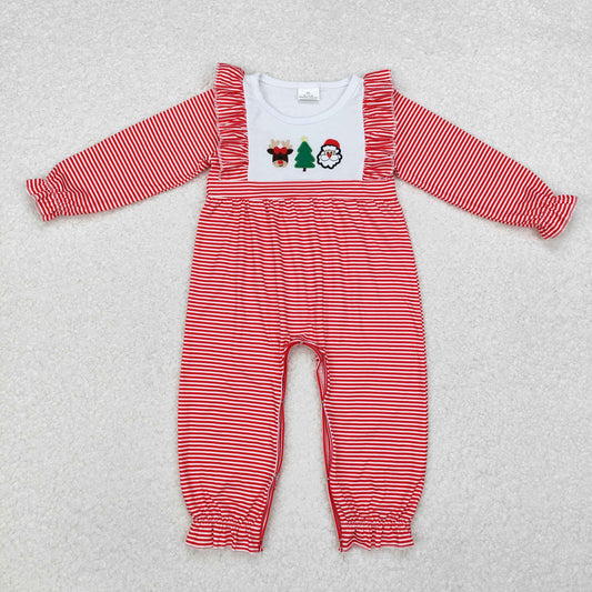 LR1588 Baby Infant Girls Embroidery Christmas Red Stripes Santa Deer Tree Romper