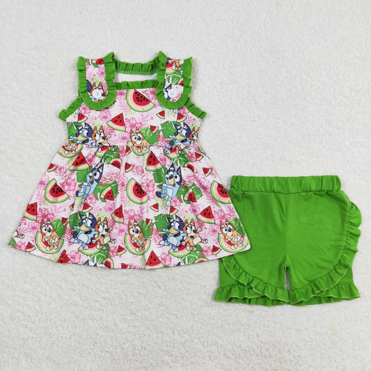 GSSO0859 Girls cartoon dog watermelon green lace sleeveless shorts set