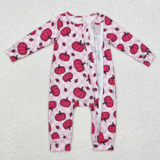 LR1456 Bamboo Baby Infant Girls Pink Checkered Pumpkins Fall Zip Romper