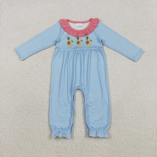 LR2738 Embroidery Baby Girls Blue Stripe Ducks Ruffle Footie Romper C11.27