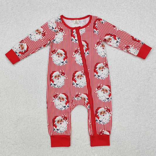 LR1891 Baby Infant Infant Christmas Red Stripes Santa Bamboo Zip Romper