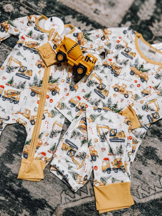 Baby Boys Digger Christmas Tree Bamboo Rompers Pajamas Clothes Sets