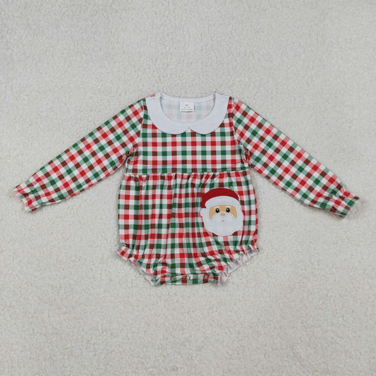 LR2357 Embroidery Santa Baby Girls Red Green Checked Ruffle Collar Romper C10.11