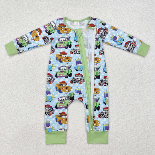 LR1622 Baby Infant Boys Green Cars Bamboo Zip Romper