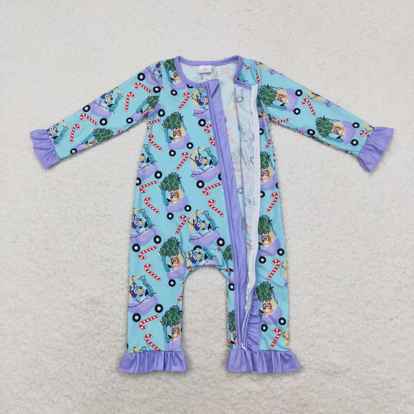 LR1419 Bamboo Cartoon dog Christmas Tree car crutch Purple lace blue zipper long-sleeved onesie