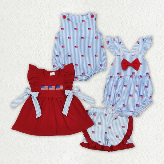 Sibling Embroidery Baby Girls Red Flags 4th of July Bows Rompers Outfits Sets 4.19