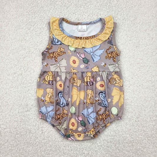SR2963 Baby Infant Girls Gray Sleeveless Cartoon Pigs Tigers Ruffle Romper