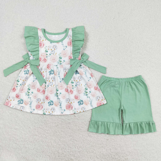 GSSO1004 Floral green lace bow sleeveless shorts set