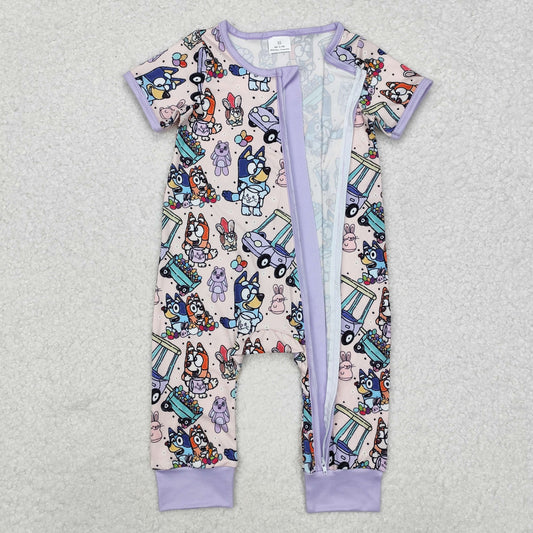 SR2095 Baby Infant Kids Purple Dog Easter Rabbits Zip Romper