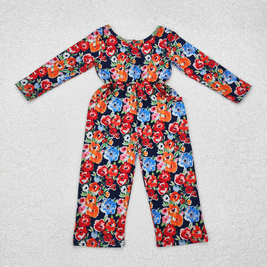 LR1836 Baby Girls Orange Navy Flowers Long Sleeve Fall Jumpsuit