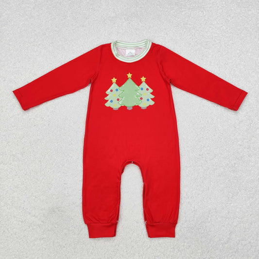 LR1561 Baby Infant Boys Red Christmas Trees Long Sleeve Romper