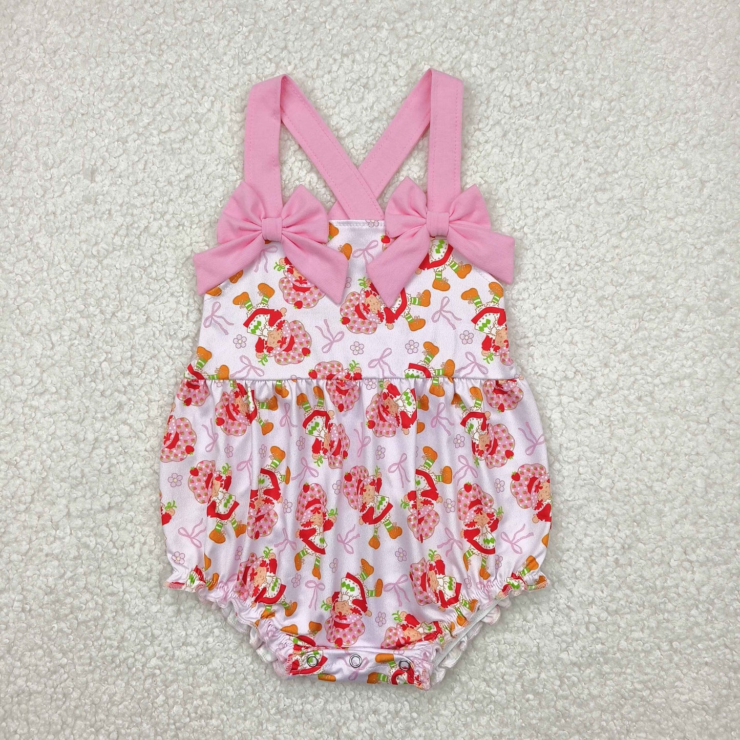 SR2933 Baby Infant Girls Pink Bows Strap Bows Strawberry Ruffle Romper 4.18