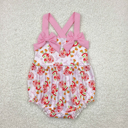 SR2933 Baby Infant Girls Pink Bows Strap Bows Strawberry Ruffle Romper 4.18
