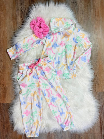 GLP2886 Baby Girls Colorful Bows Pockets Zipper Pullover Jogger Clothes Set C10.28