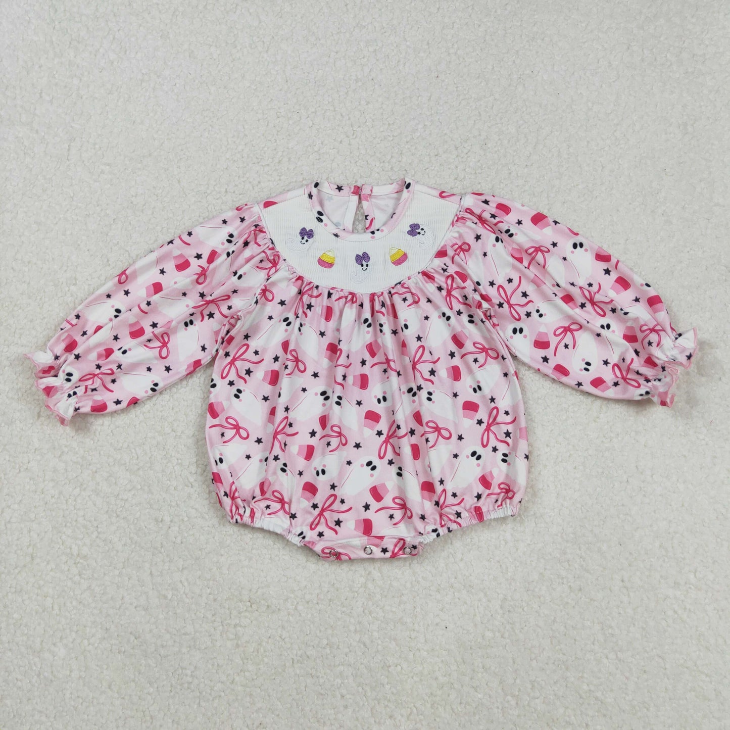 LR2216 Baby Girls Smocked Embroidery Long Sleeves Pink Bows Ghosts Candy Ruffle Romper C8.29