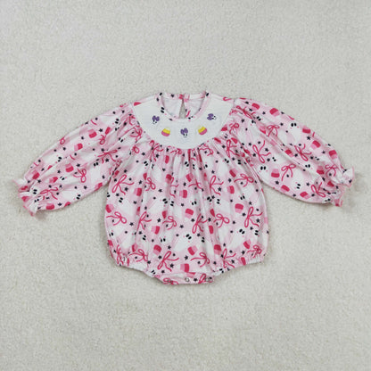 LR2216 Baby Girls Smocked Embroidery Long Sleeves Pink Bows Ghosts Candy Ruffle Romper C8.29