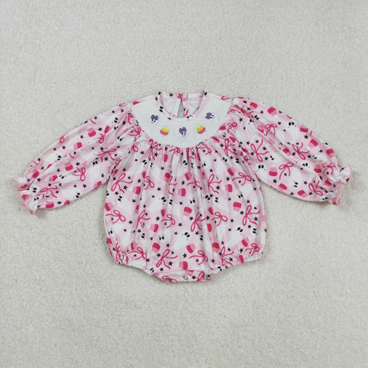 LR2216 Baby Girls Smocked Embroidery Long Sleeves Pink Bows Ghosts Candy Ruffle Romper C8.29