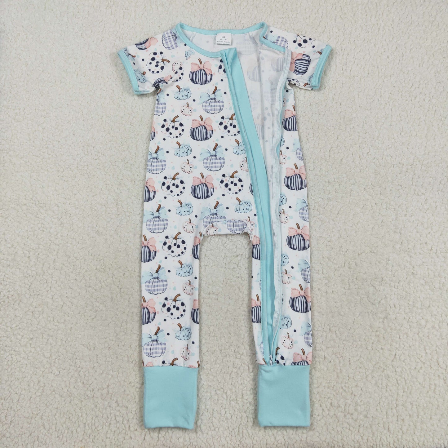 SR3109 Baby Infant Girls Blue Short Sleeves Bows Pumpkins Zipper Romper C8.15