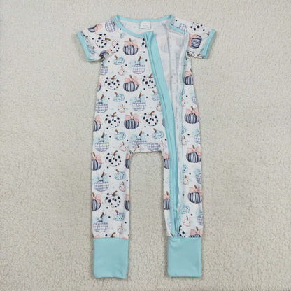 SR3109 Baby Infant Girls Blue Short Sleeves Bows Pumpkins Zipper Romper C8.15
