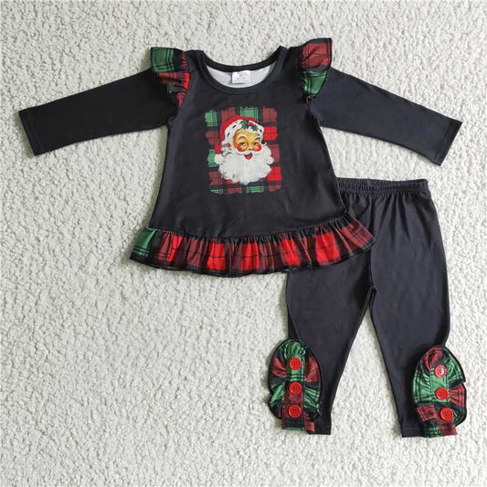 GLP0259 Baby girls black red plaid santa Christmas ruffle pants clothes set