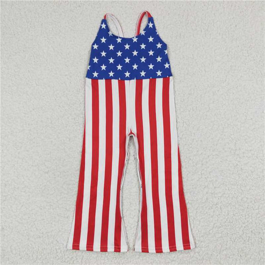 RTS SR0256  Baby Girls Star Spangled Strap Bell Bottom Jumpsuit July 4th Patriotic Onesie for Baby Girls Infant 4th of July Outfit