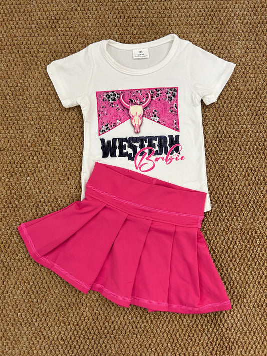 GT0134+GLK0079 Baby Girls Western Howdy Bull Skull Shirt Hot pink Pleated Skorts Yoga Active Set 6.6