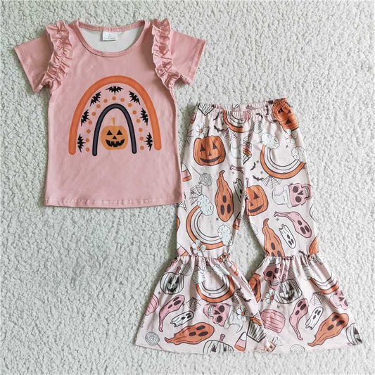 GSPO0098 Baby girls Halloween pumpkin pink bell pants set
