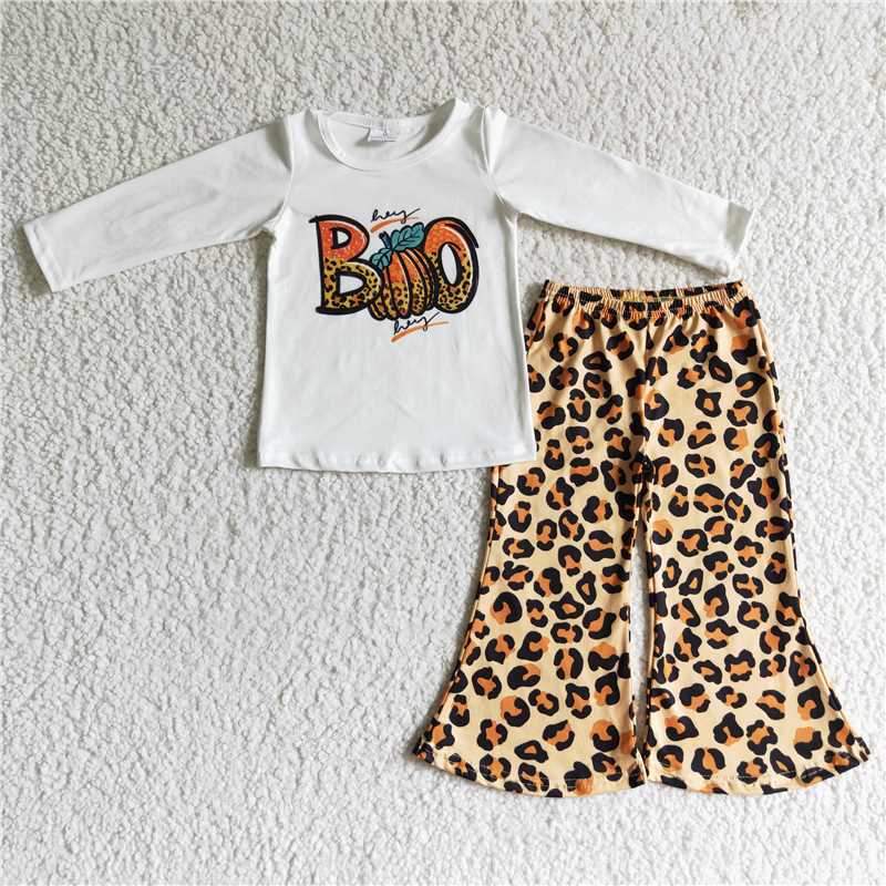 GLP0060 Halloween Girl Boo Pumpkin Leopard Bell Outfit