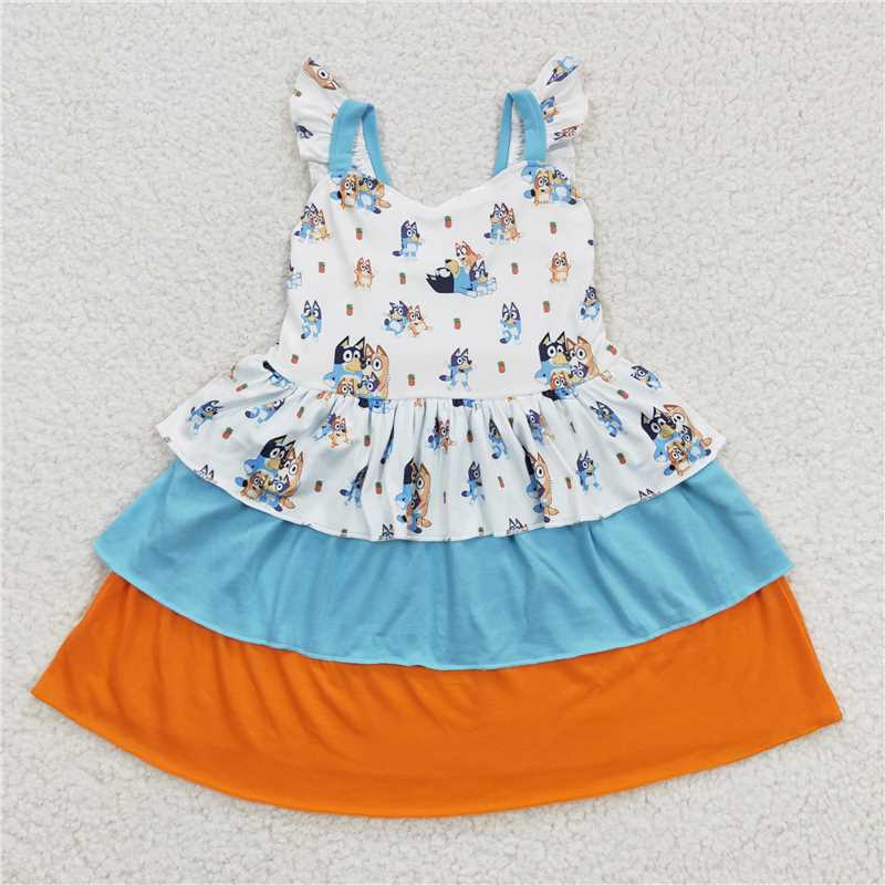 RTS GSD0396 Baby Girls Dogs Ruffle Knee-Length Dresses Cute Animal Print Cotton Blend Skirt for Little Girls