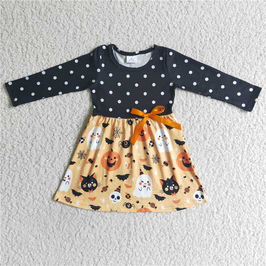 GLD0040 Halloween Girls Pumpkin Ghost Cat Long Sleeve Dress