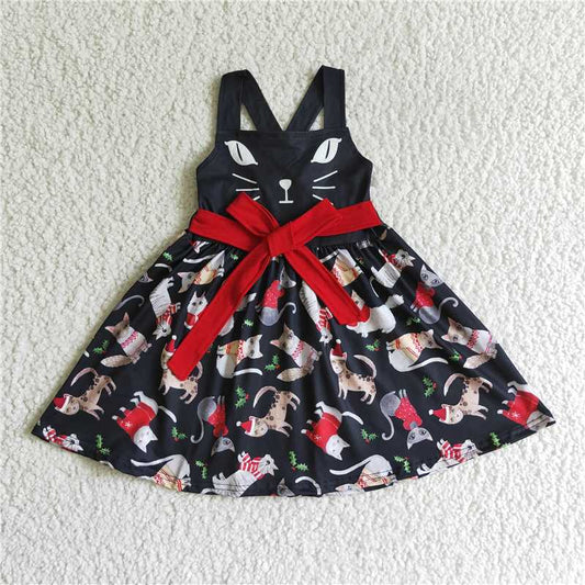GSD0140 Baby girls cat cartoon black dress